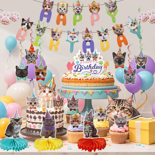33-Piece Cat Birthday Party Decorations Set for Cat Lovers – Banners, Swirls, Honeycombs & Cupcake Toppers