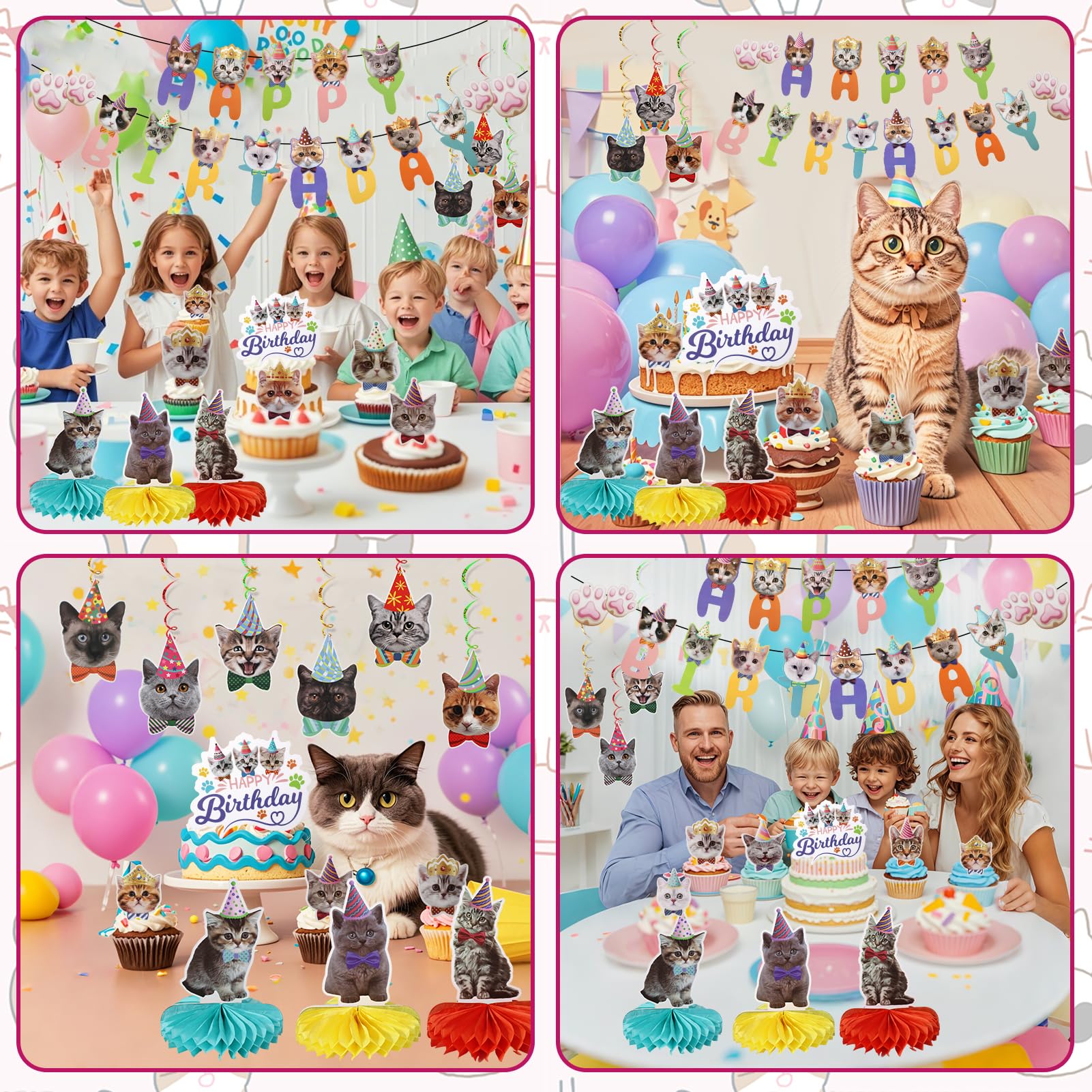 33-Piece Cat Birthday Party Decorations Set for Cat Lovers – Banners, Swirls, Honeycombs & Cupcake Toppers