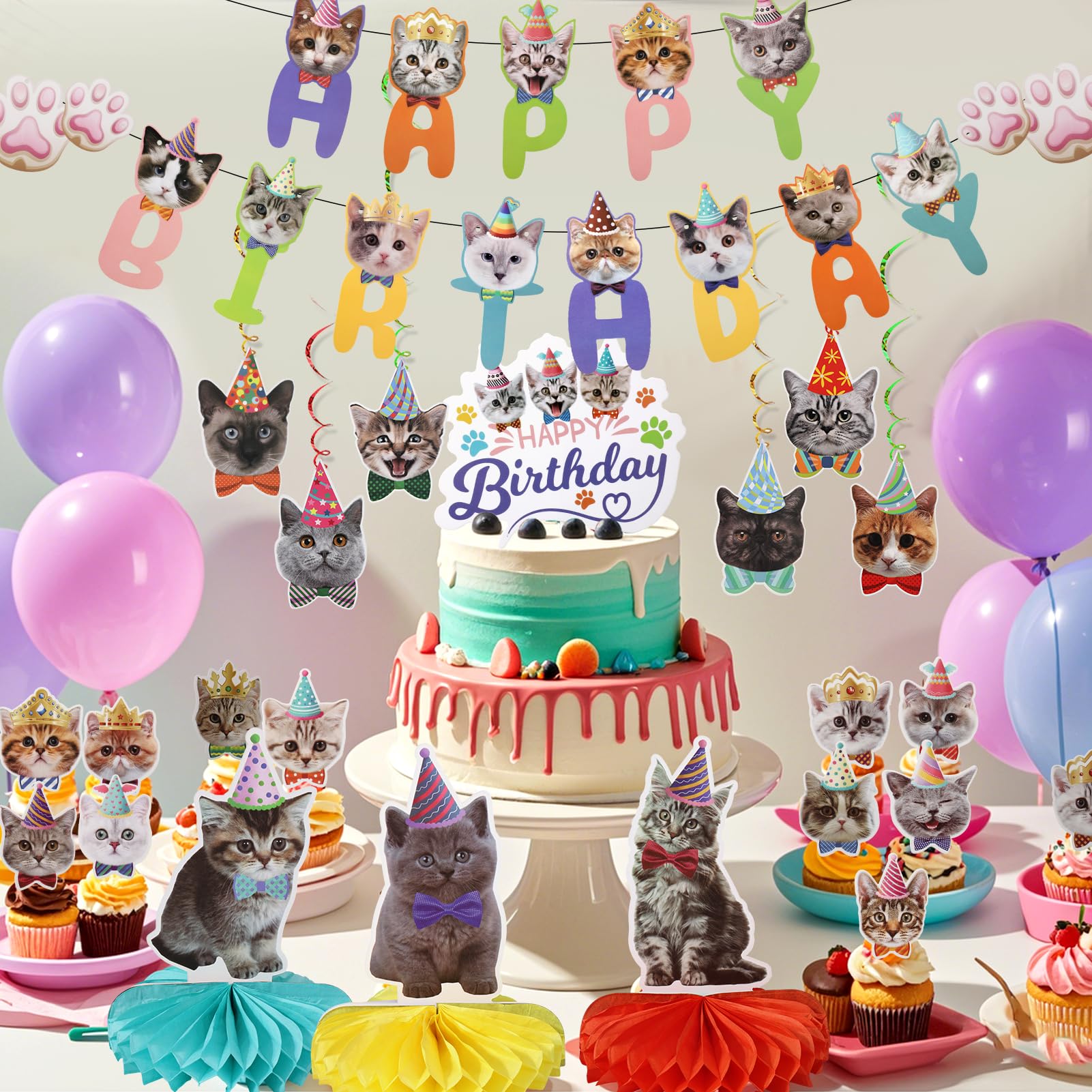 33-Piece Cat Birthday Party Decorations Set for Cat Lovers – Banners, Swirls, Honeycombs & Cupcake Toppers