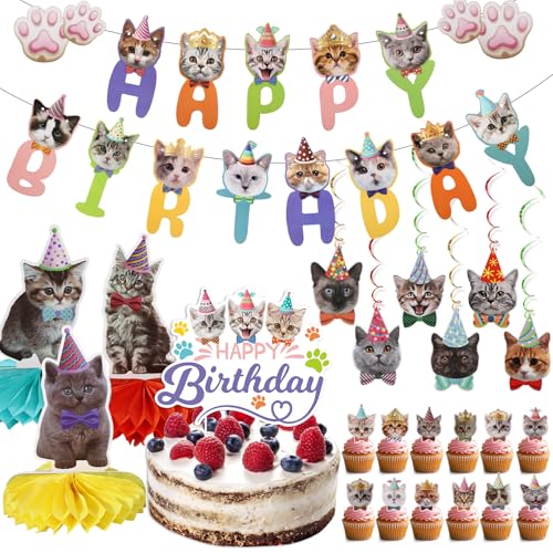 33-Piece Cat Birthday Party Decorations Set for Cat Lovers – Banners, Swirls, Honeycombs & Cupcake Toppers