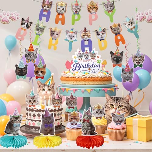 33-Piece Cat Birthday Party Decorations Set for Cat Lovers – Banners, Swirls, Honeycombs & Cupcake Toppers