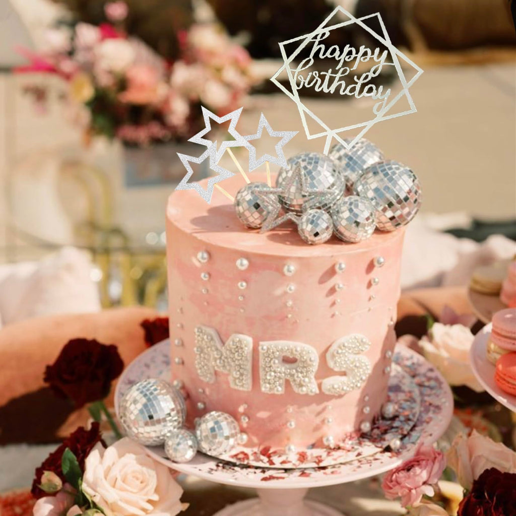 33-Piece Disco Ball Cake Toppers Set with Mirrored Foam Balls, Stars & Happy Birthday Sign for 70s 80s Themed Parties