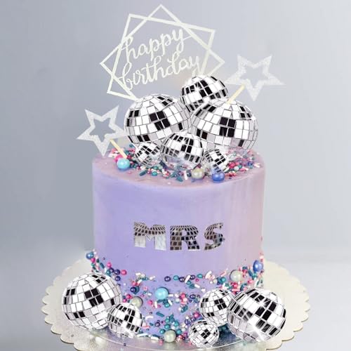 33-Piece Disco Ball Cake Toppers Set with Mirrored Foam Balls, Stars & Happy Birthday Sign for 70s 80s Themed Parties