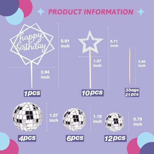 33-Piece Disco Ball Cake Toppers Set with Mirrored Foam Balls, Stars & Happy Birthday Sign for 70s 80s Themed Parties