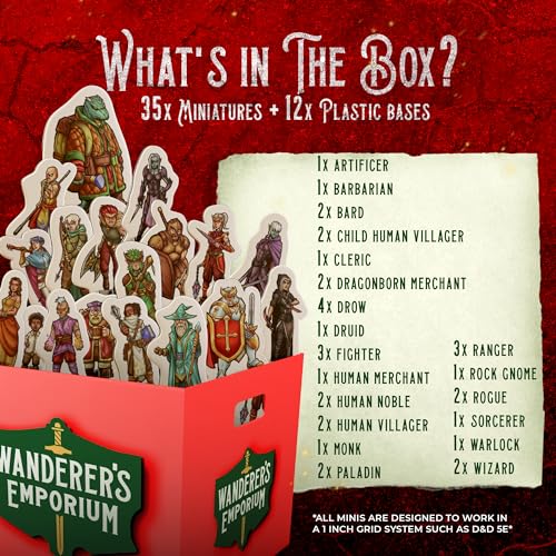 35 Flat D&D Miniatures with Bases – Hard Cardboard, 28-32mm Scale, for Dungeons & Dragons 5e