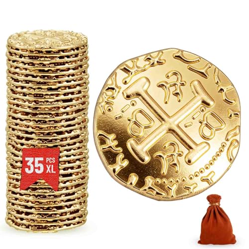 35 Gold Metal Pirate Coins - Spanish Doubloon Replicas for Games, Treasure Hunts, and Party Decor