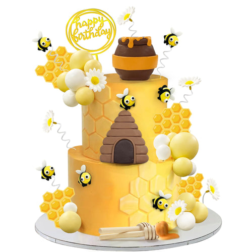 35-Piece Bee Cake Toppers Set with Honey Jar, Honeycomb, Bees & Daisies – HAVAGDTM Clay Decorations for Bee Theme Birthday & Baby Shower