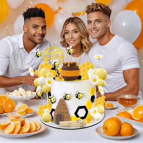 35-Piece Bee Cake Toppers Set with Honey Jar, Honeycomb, Bees & Daisies – HAVAGDTM Clay Decorations for Bee Theme Birthday & Baby Shower
