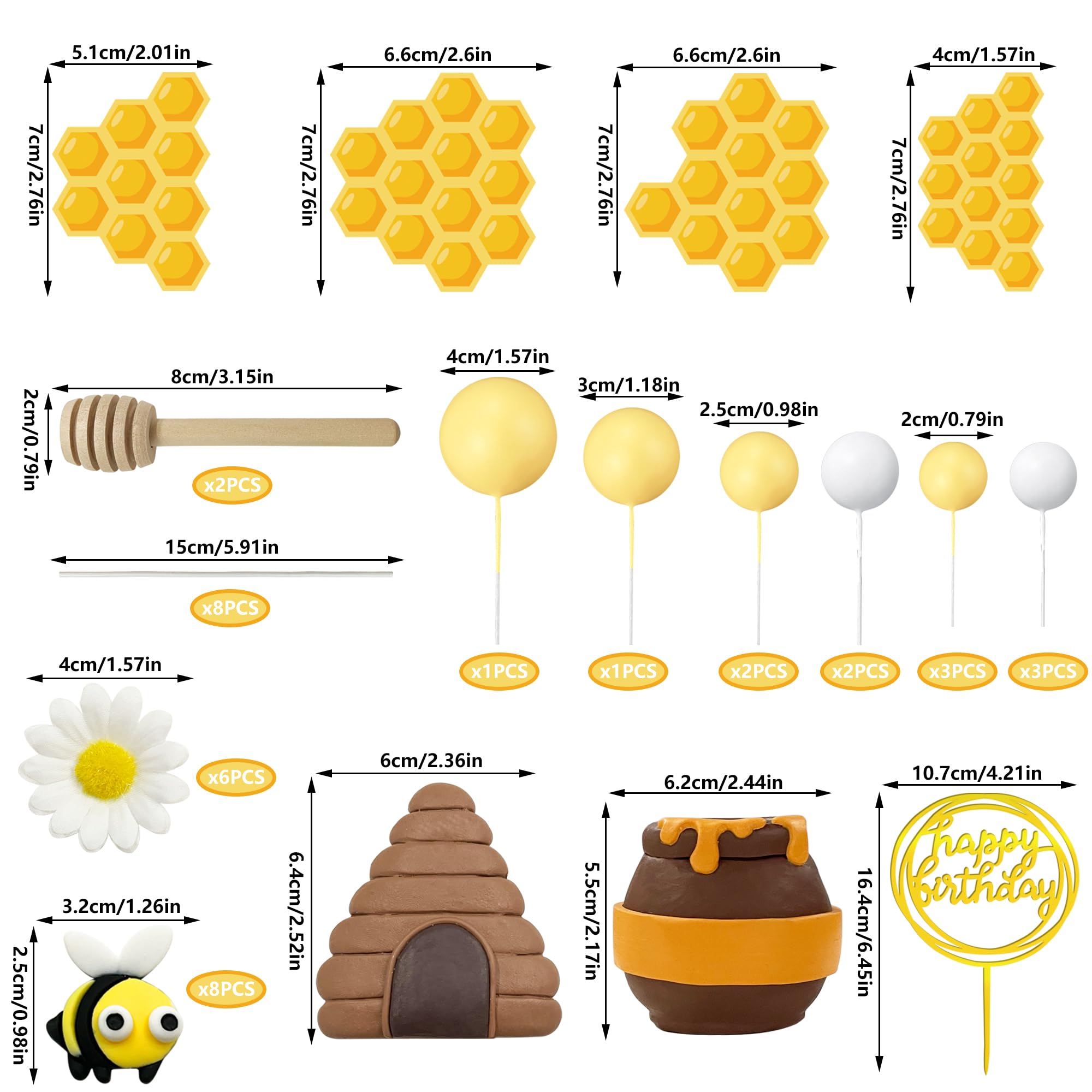 35-Piece Bee Cake Toppers Set with Honey Jar, Honeycomb, Bees & Daisies – HAVAGDTM Clay Decorations for Bee Theme Birthday & Baby Shower