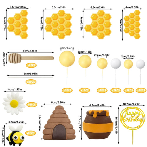 35-Piece Bee Cake Toppers Set with Honey Jar, Honeycomb, Bees & Daisies – HAVAGDTM Clay Decorations for Bee Theme Birthday & Baby Shower