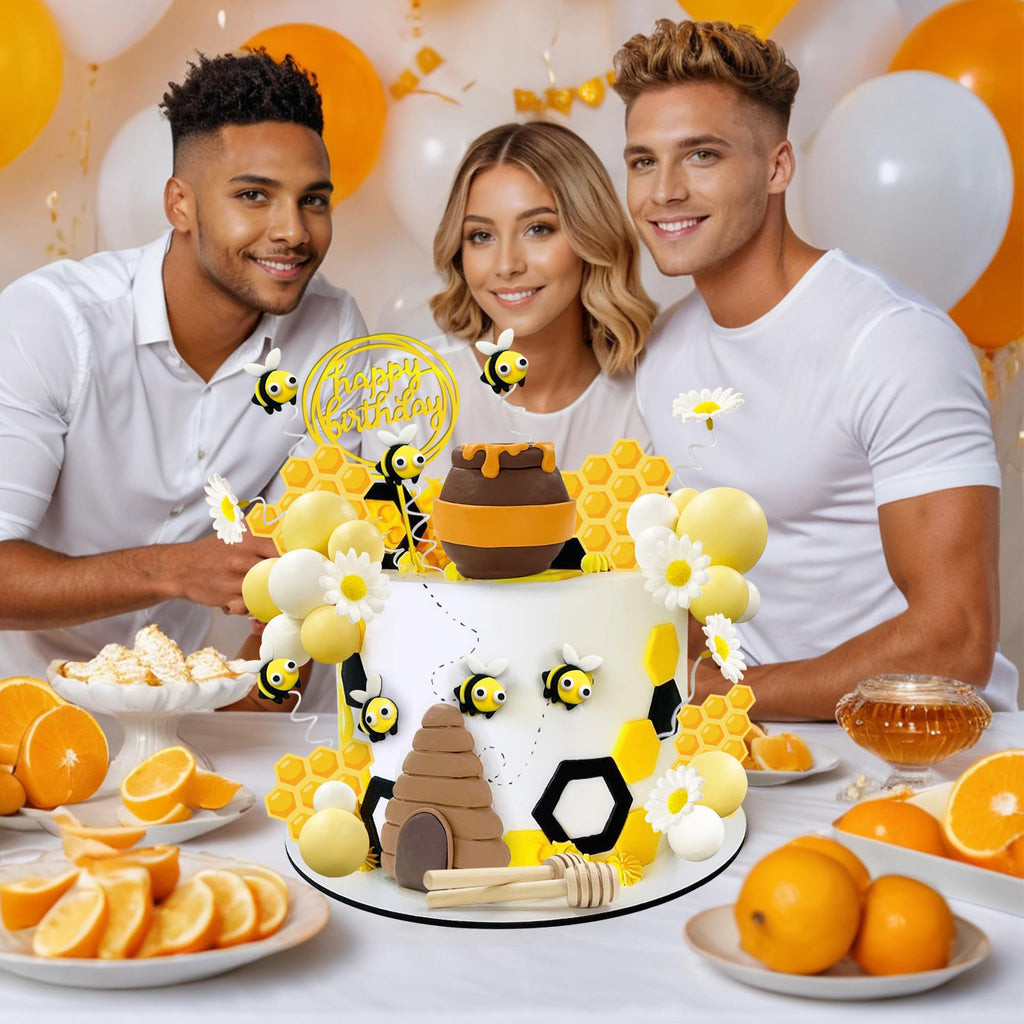 35-Piece Bee Cake Toppers Set with Honey Jar, Honeycomb, Bees & Daisies – HAVAGDTM Clay Decorations for Bee Theme Birthday & Baby Shower