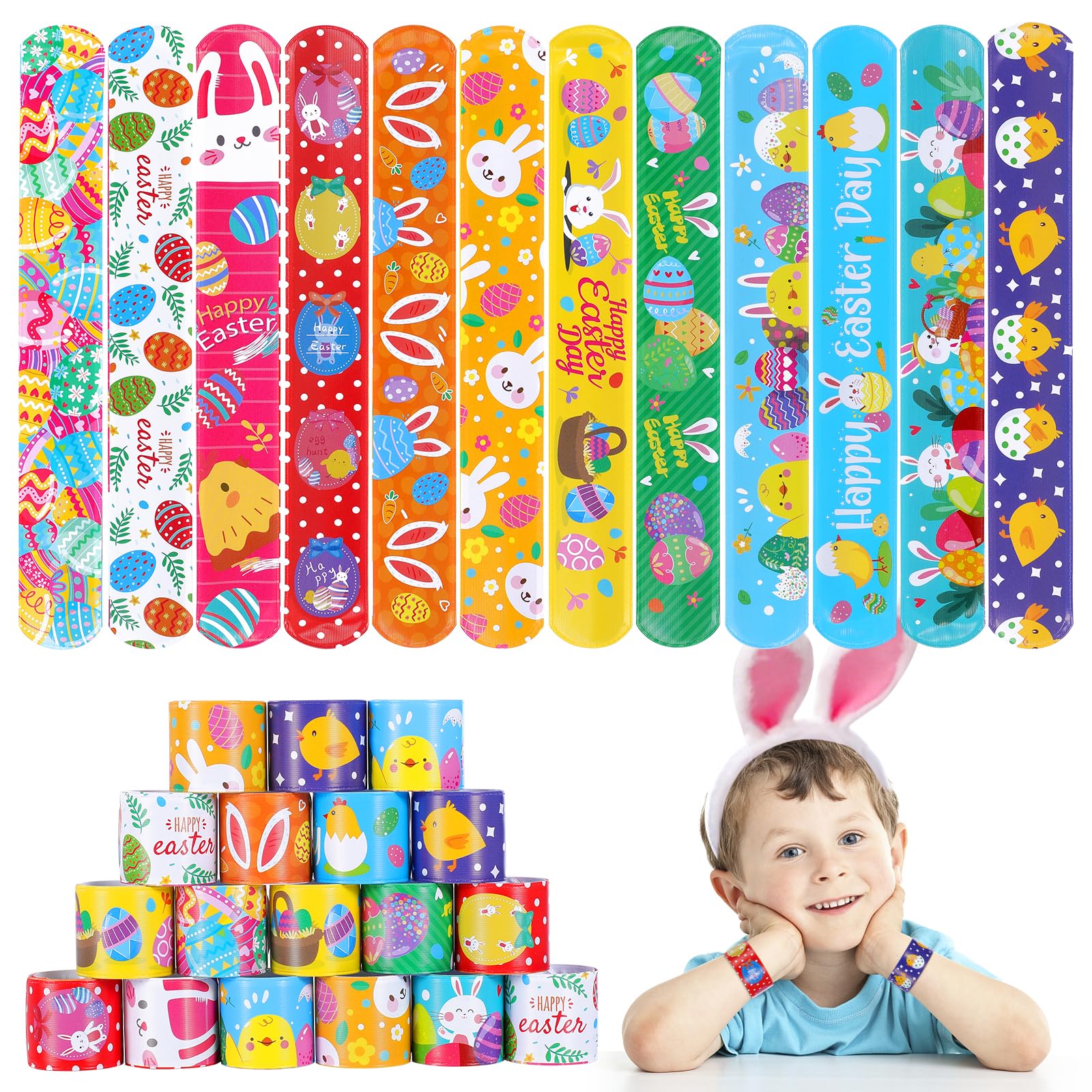 36-Pack Easter Slap Bracelets for Kids - 12 Cute Designs, Bulk Party Favors, Basket Stuffers