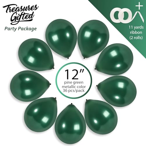 36 Pack Emerald Green Metallic Balloons – 12 Inch Latex Pine Green Balloons with Ribbon for Parties