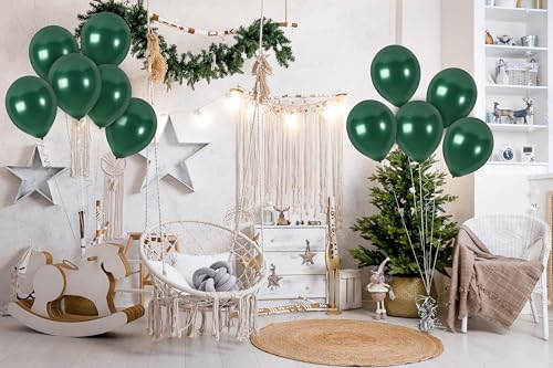 36 Pack Emerald Green Metallic Balloons – 12 Inch Latex Pine Green Balloons with Ribbon for Parties