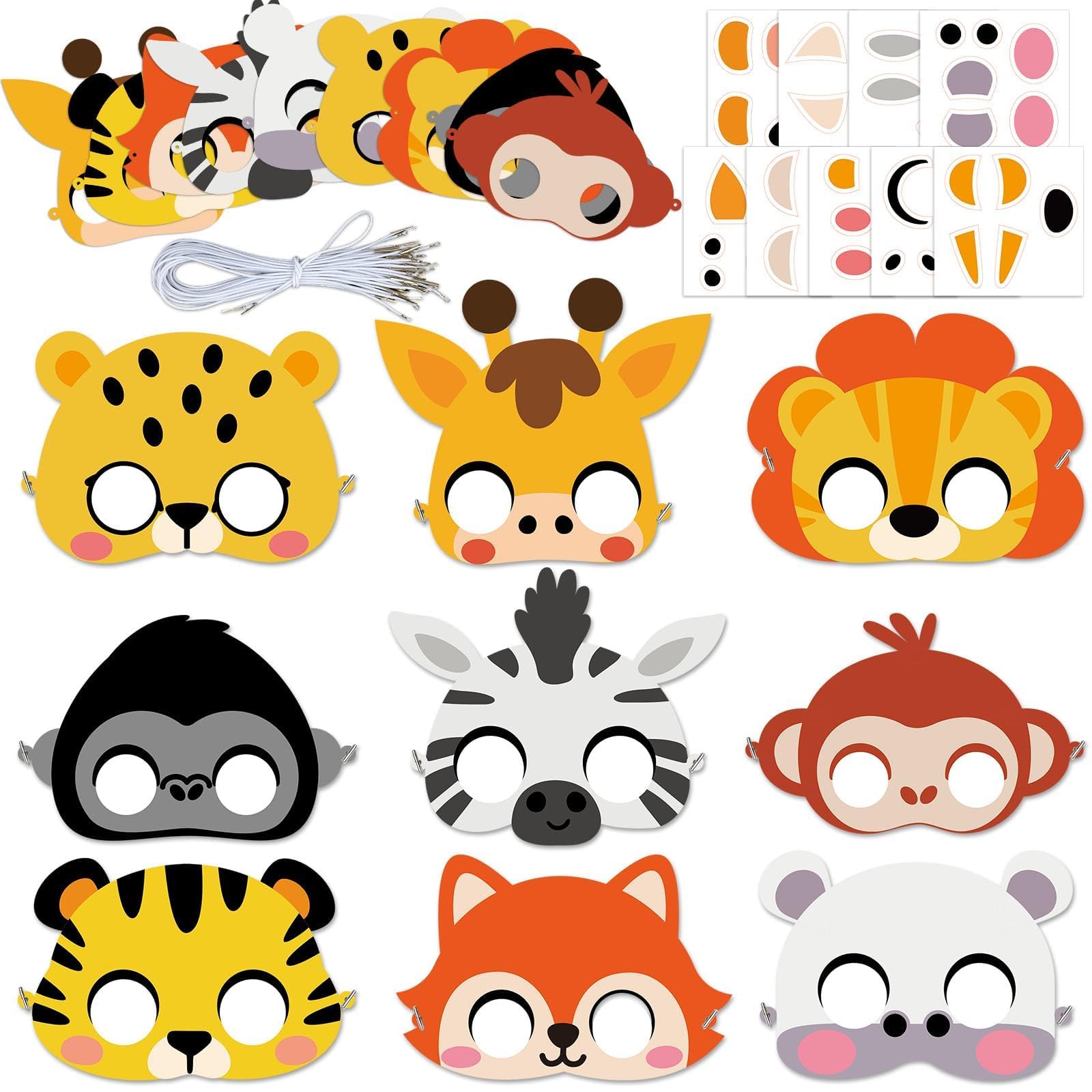 36-Pack Jungle Animal Mask Craft Kit – Safari DIY Sticker Masks for Kids’ Parties, Classroom, and Dress-Up