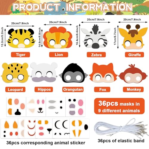 36-Pack Jungle Animal Mask Craft Kit – Safari DIY Sticker Masks for Kids’ Parties, Classroom, and Dress-Up