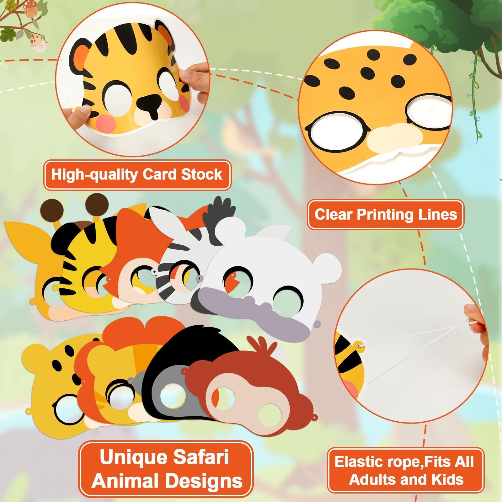 36-Pack Jungle Animal Mask Craft Kit – Safari DIY Sticker Masks for Kids’ Parties, Classroom, and Dress-Up