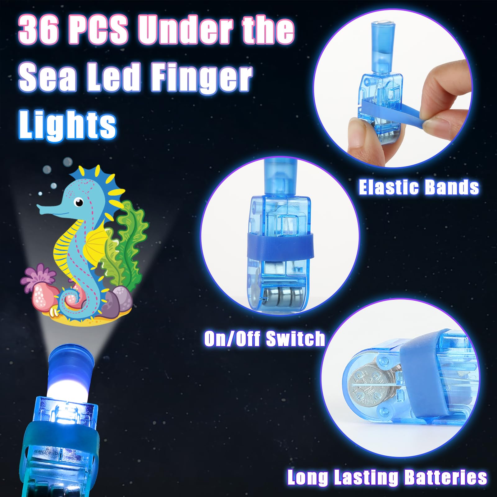 36 Pack Under the Sea LED Finger Lights – Ocean-Themed Party Favors with Glow-in-the-Dark Animal Projections