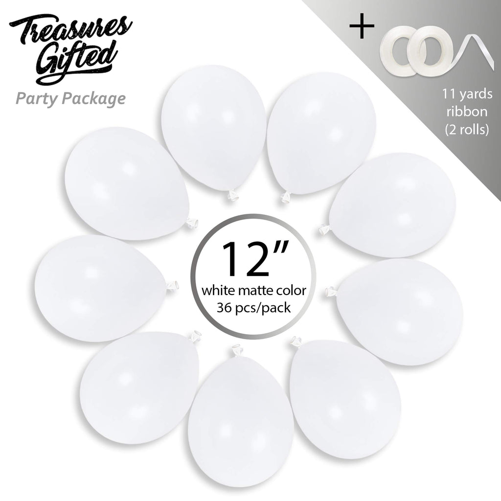 36 Pack White Matte Balloons 12 Inch Latex by Treasures Gifted - Includes Ribbon for Party Decor