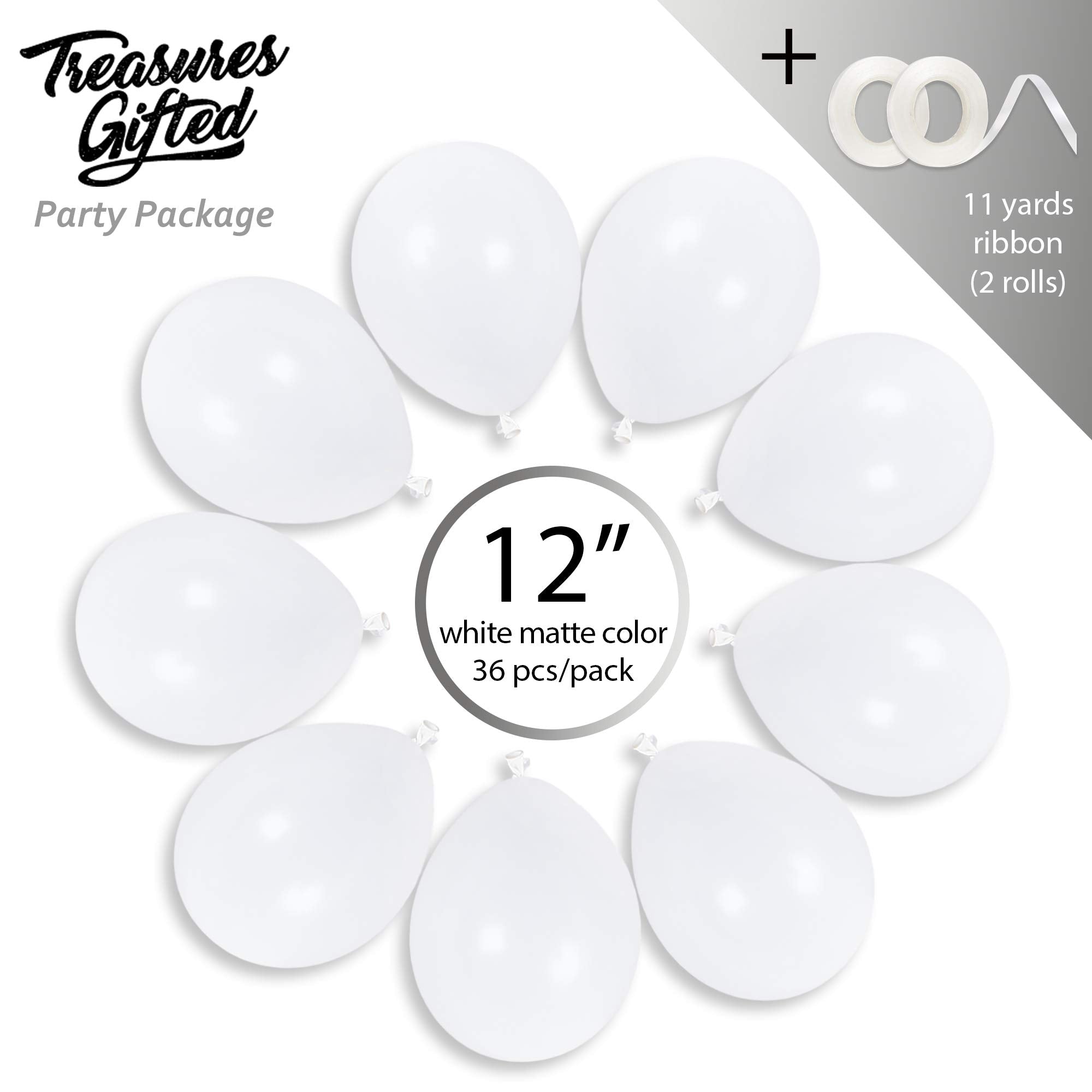 36 Pack White Matte Balloons 12 Inch Latex by Treasures Gifted - Includes Ribbon for Party Decor