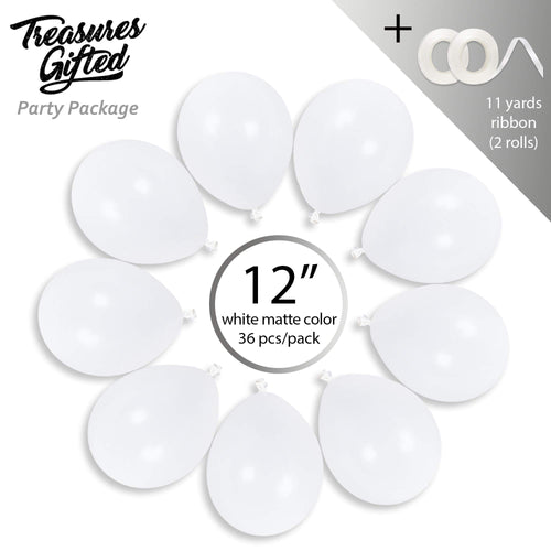 36 Pack White Matte Balloons 12 Inch Latex by Treasures Gifted - Includes Ribbon for Party Decor