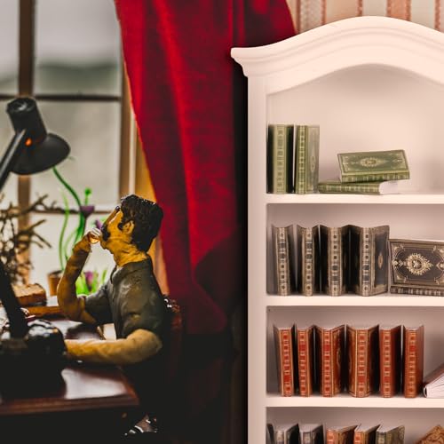 36 Pcs 1:12 Scale Miniature Dollhouse Books with White Wooden Bookcase, 4-Shelf Display Stand