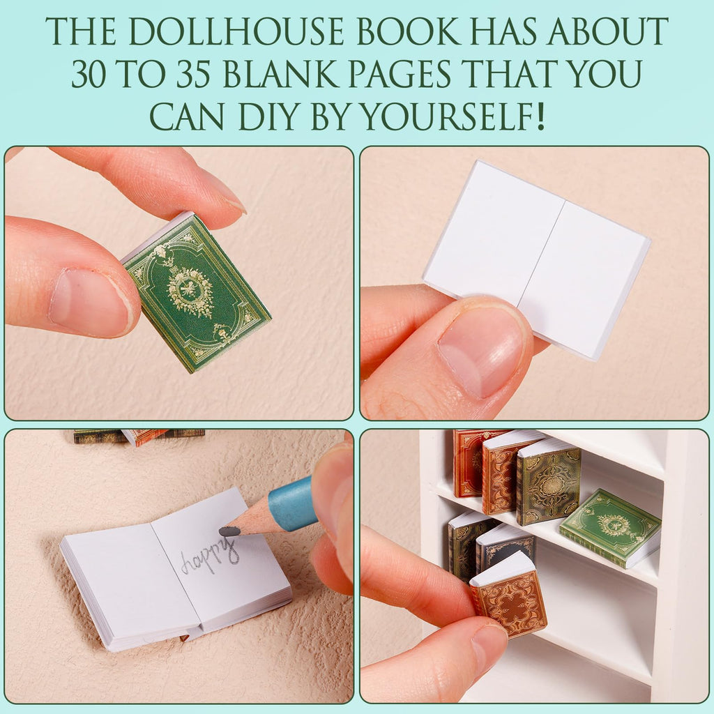 36 Pcs 1:12 Scale Miniature Dollhouse Books with White Wooden Bookcase, 4-Shelf Display Stand