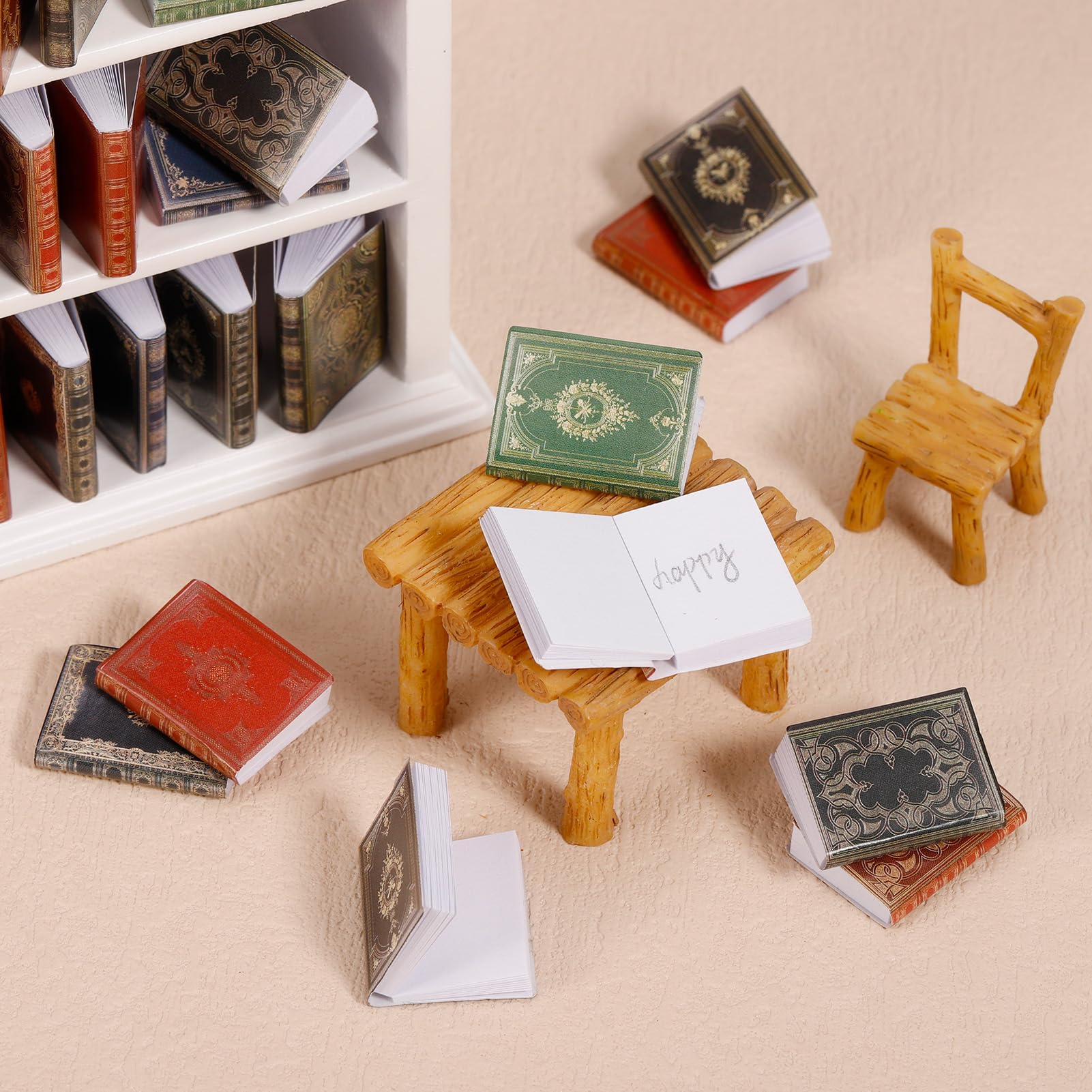 36 Pcs 1:12 Scale Miniature Dollhouse Books with White Wooden Bookcase, 4-Shelf Display Stand
