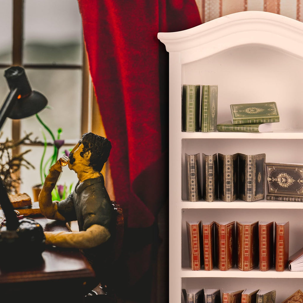 36 Pcs 1:12 Scale Miniature Dollhouse Books with White Wooden Bookcase, 4-Shelf Display Stand