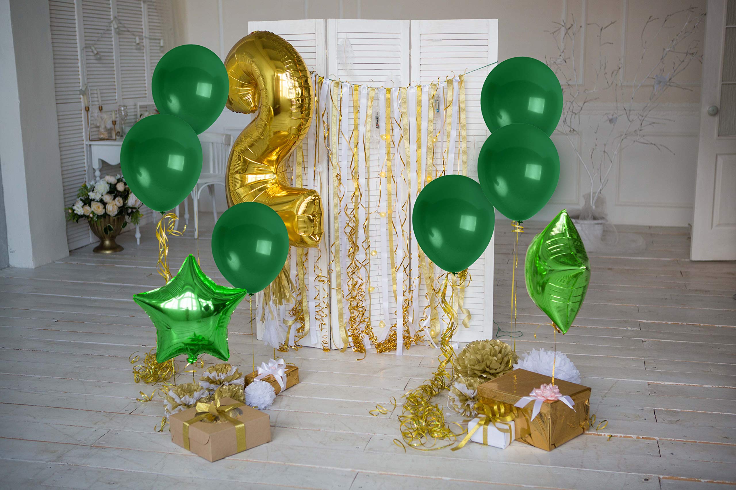 36 Pine Green Latex Balloons 12 Inch - Treasures Gifted with Ribbon for Birthdays & Baby Showers