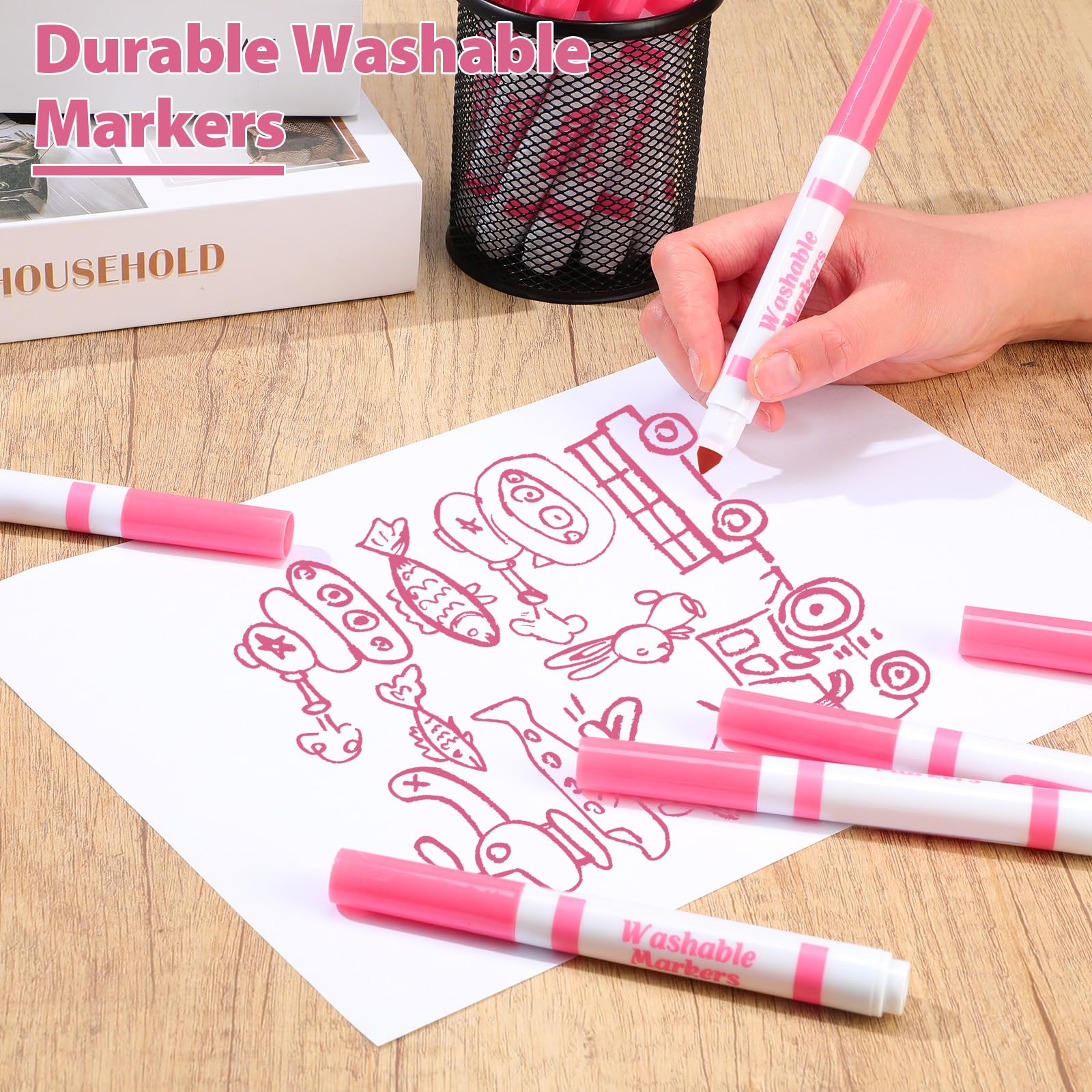 36 Pink Washable Markers Bulk – Janlaugh Broad Line Conical Tip Drawing Pens for Kids Ages 6+