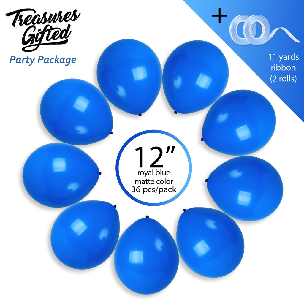36 Royal Blue Balloons 12 Inch - Treasures Gifted Navy Latex Party Balloons with Ribbon