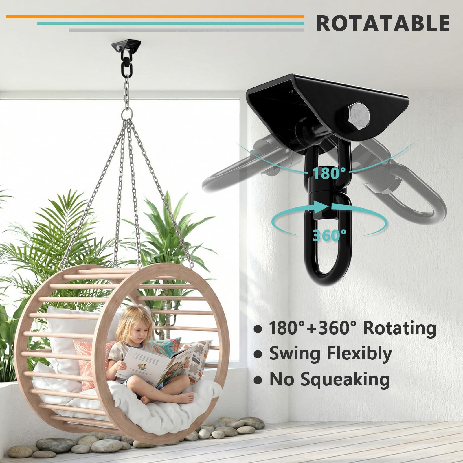 360° Rotating Hammock Hanging Kit - Heavy Duty 1200 lb Capacity Stainless Steel - SKYPHAROS Black