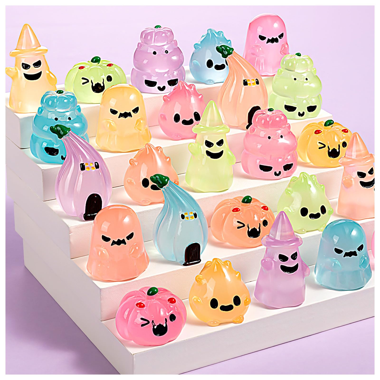 36Pcs Halloween Mini Resin Figures – Glow in Dark Tiny Set with Pumpkin, Ghost, and Flame for Party Favors, Bag Fillers, Garden, Dollhouse Decor