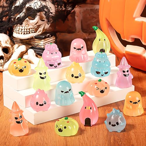 36Pcs Halloween Mini Resin Figures – Glow in Dark Tiny Set with Pumpkin, Ghost, and Flame for Party Favors, Bag Fillers, Garden, Dollhouse Decor