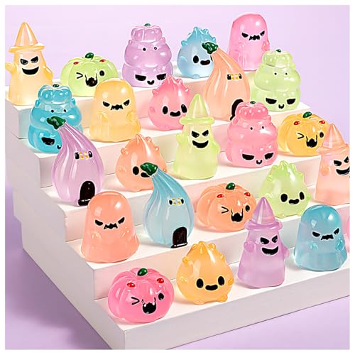 36Pcs Halloween Mini Resin Figures – Glow in Dark Tiny Set with Pumpkin, Ghost, and Flame for Party Favors, Bag Fillers, Garden, Dollhouse Decor