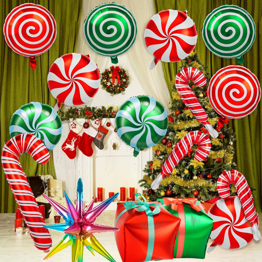 38-Piece Christmas Balloon Set - Red & Green Foil Mylar Balloons with Candy Cane Design for Party Decor