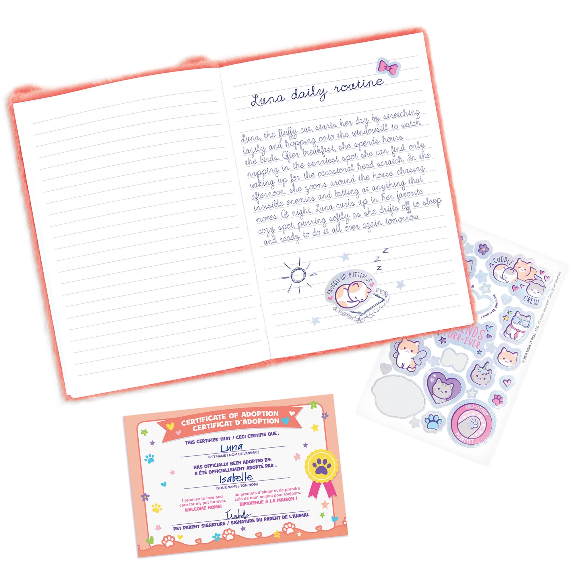 3C4G Happy Tails Cat Plush Journal – Pink Fuzzy Diary with Stickers and Adoption Certificate for Kids 6+