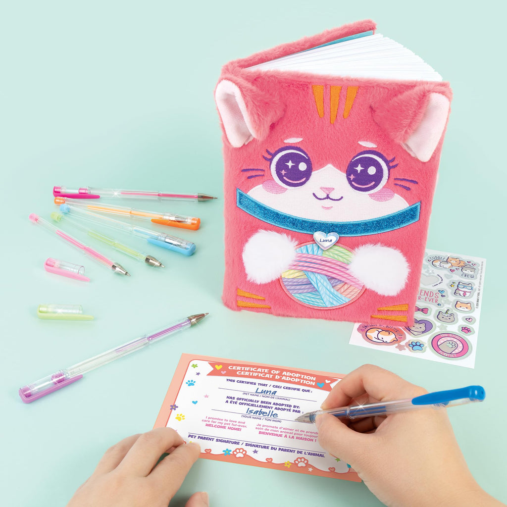 3C4G Happy Tails Cat Plush Journal – Pink Fuzzy Diary with Stickers and Adoption Certificate for Kids 6+