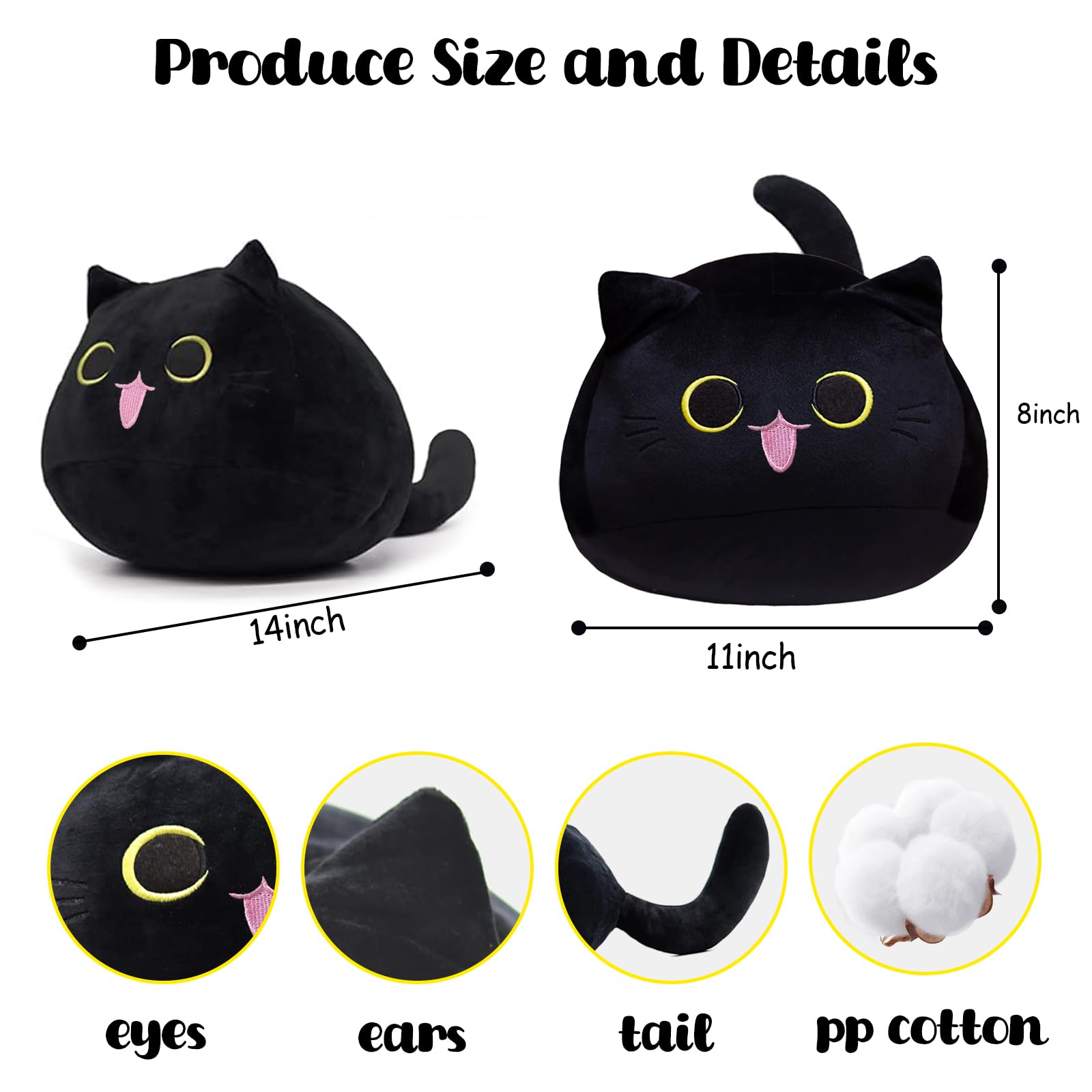 3D Black Cat Plush Pillow – Soft Stuffed Animal Toy for Decor and Comfort