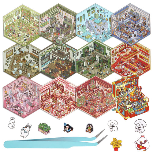 3D House Stickers for Adults - DIY Sticker Therapy Set with 12 Mini Room Scenes, Includes Tweezers, Creative Fun Stress Relief Activity