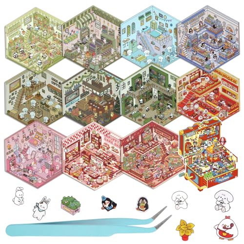 3D House Stickers for Adults - DIY Sticker Therapy Set with 12 Mini Room Scenes, Includes Tweezers, Creative Fun Stress Relief Activity
