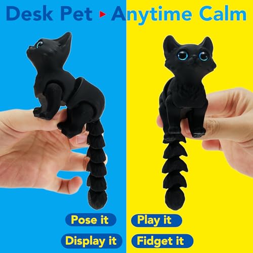 3D Printed Articulated Cat Fidget Toy – Poseable Flexible Joint Kitty Desk Decoration, Matte Black with Blue Eyes