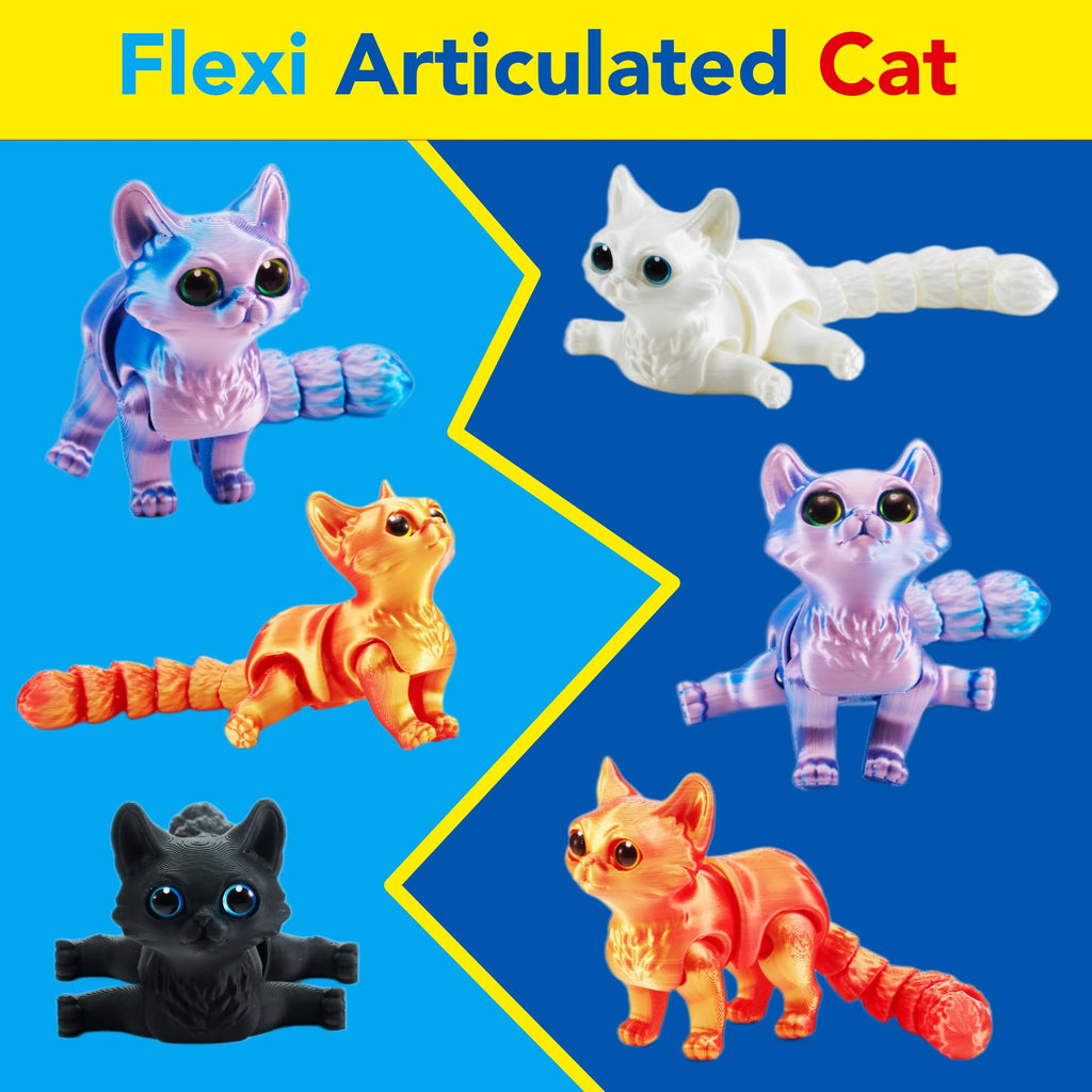 3D Printed Articulated Cat Fidget Toy – Poseable Flexible Joint Kitty Desk Decoration, Matte Black with Blue Eyes