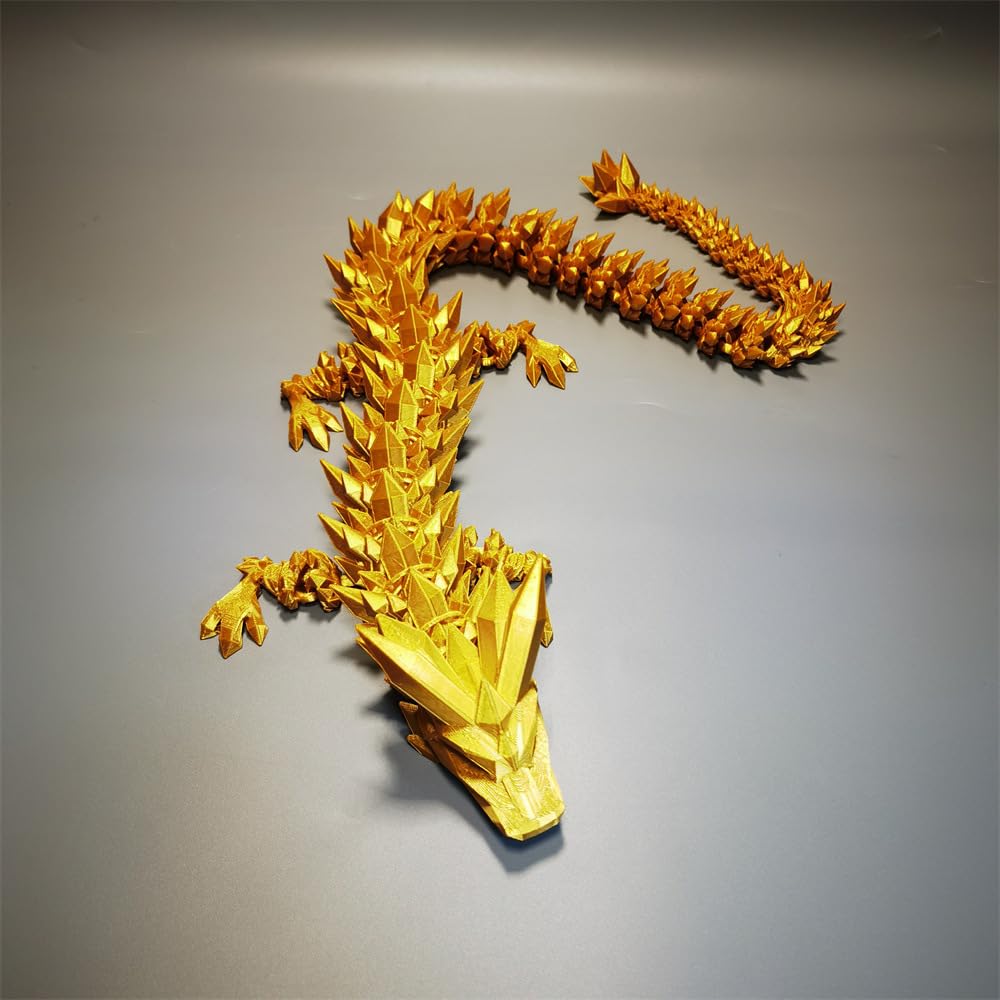 3D Printed Articulated Dragon Fidget Toy – 12-Inch Gold Dragon Statue for Desk Decor