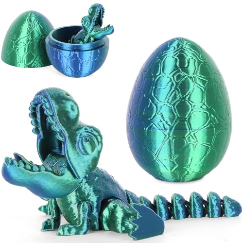 3D Printed Articulated Dragon in Egg – Blue-Green Dinosaur Fidget Toy by ISFOFO