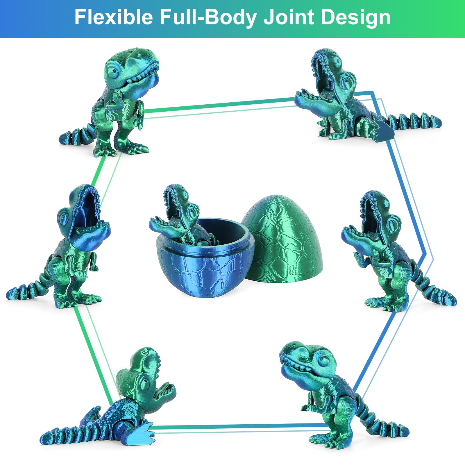 3D Printed Articulated Dragon in Egg – Blue-Green Dinosaur Fidget Toy by ISFOFO