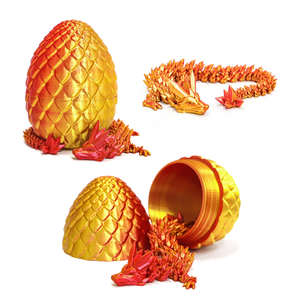 3D Printed Articulated Dragon with Mystery Egg – 12-Inch Flexible Crystal Dragon Toy for Teens & Adults, Unique Desk Decor (Red Gold)