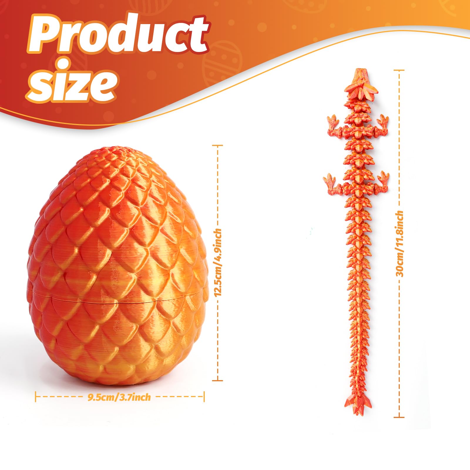 3D Printed Articulated Dragon with Mystery Egg – 12-Inch Flexible Crystal Dragon Toy for Teens & Adults, Unique Desk Decor (Red Gold)