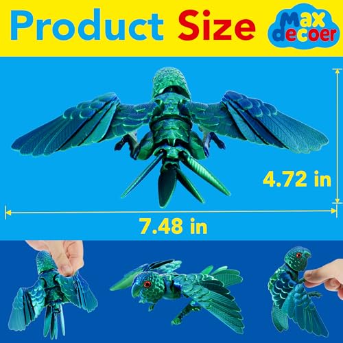 3D Printed Articulated Parrot Figure - Iridescent Emerald Green Movable Wings Desk Fidget Toy